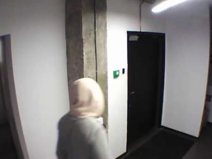 Sample MotionCam verification photo: a hooded intruder in a hallway, captured wide-angle